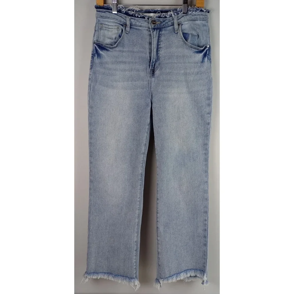 Risen Los Angeles Juniors 13 Blue Stretch Distressed Hem High Rise Denim Jeans
